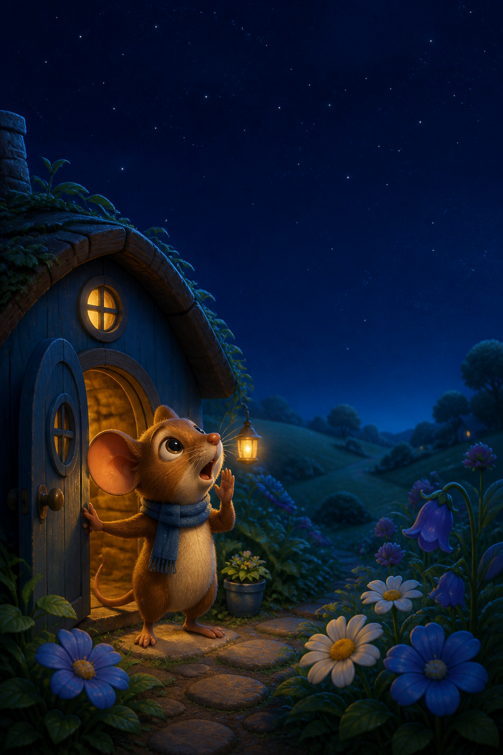Milo looks up at the empty night sky outside his blue house.