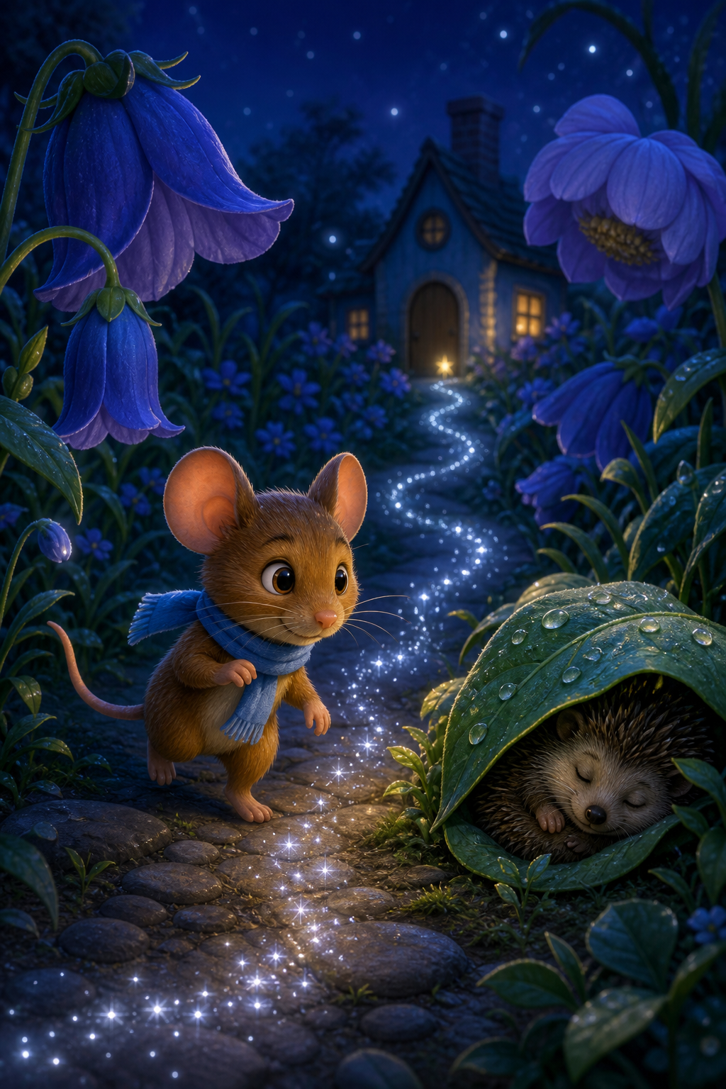 Milo follows a trail of silver sparkles through the garden.