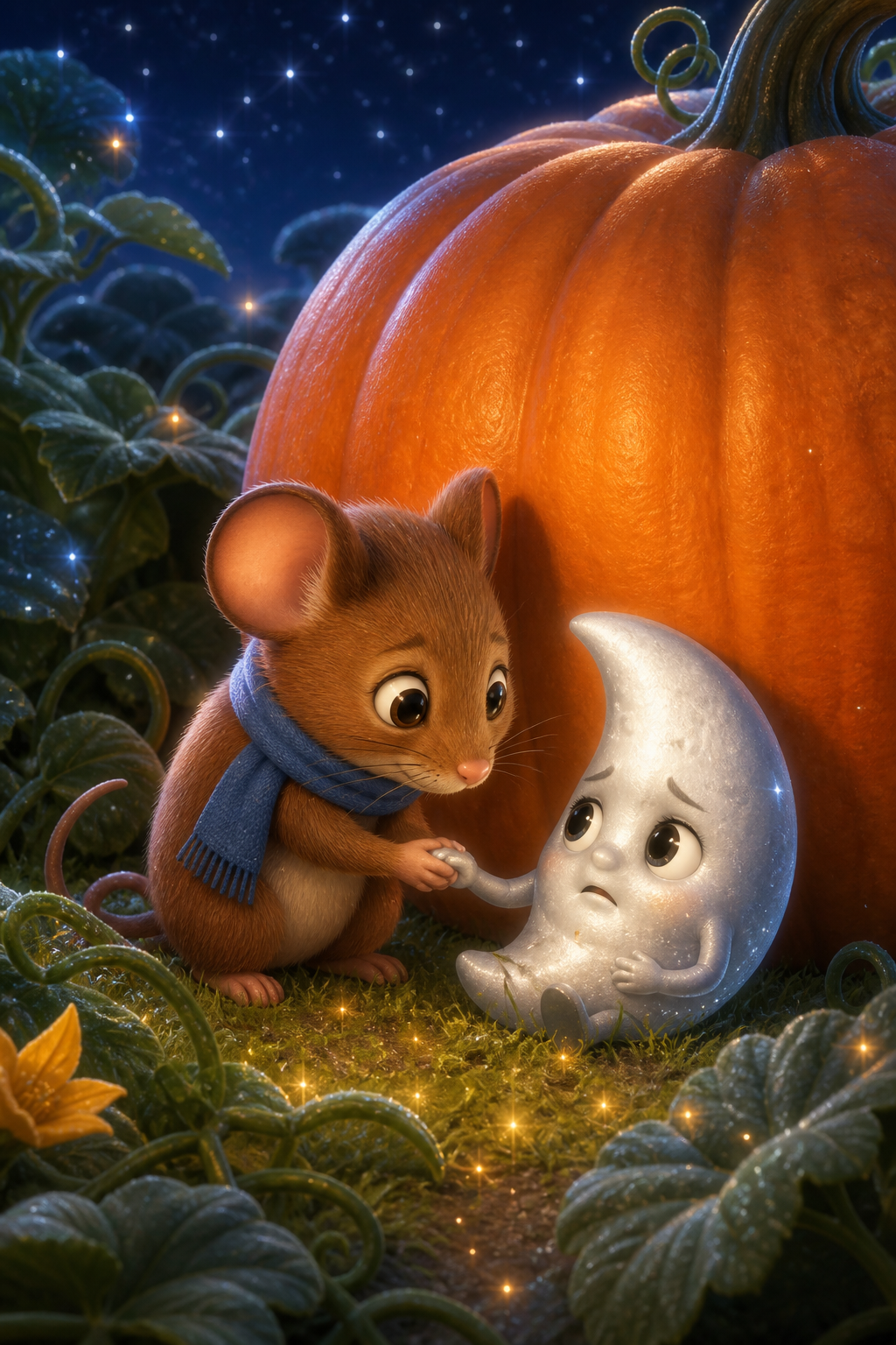Milo finds the little moon behind a pumpkin.