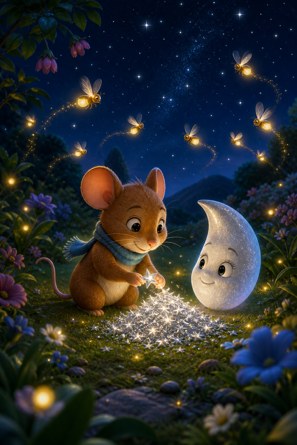 Milo and fireflies gather sparkles for the moon.