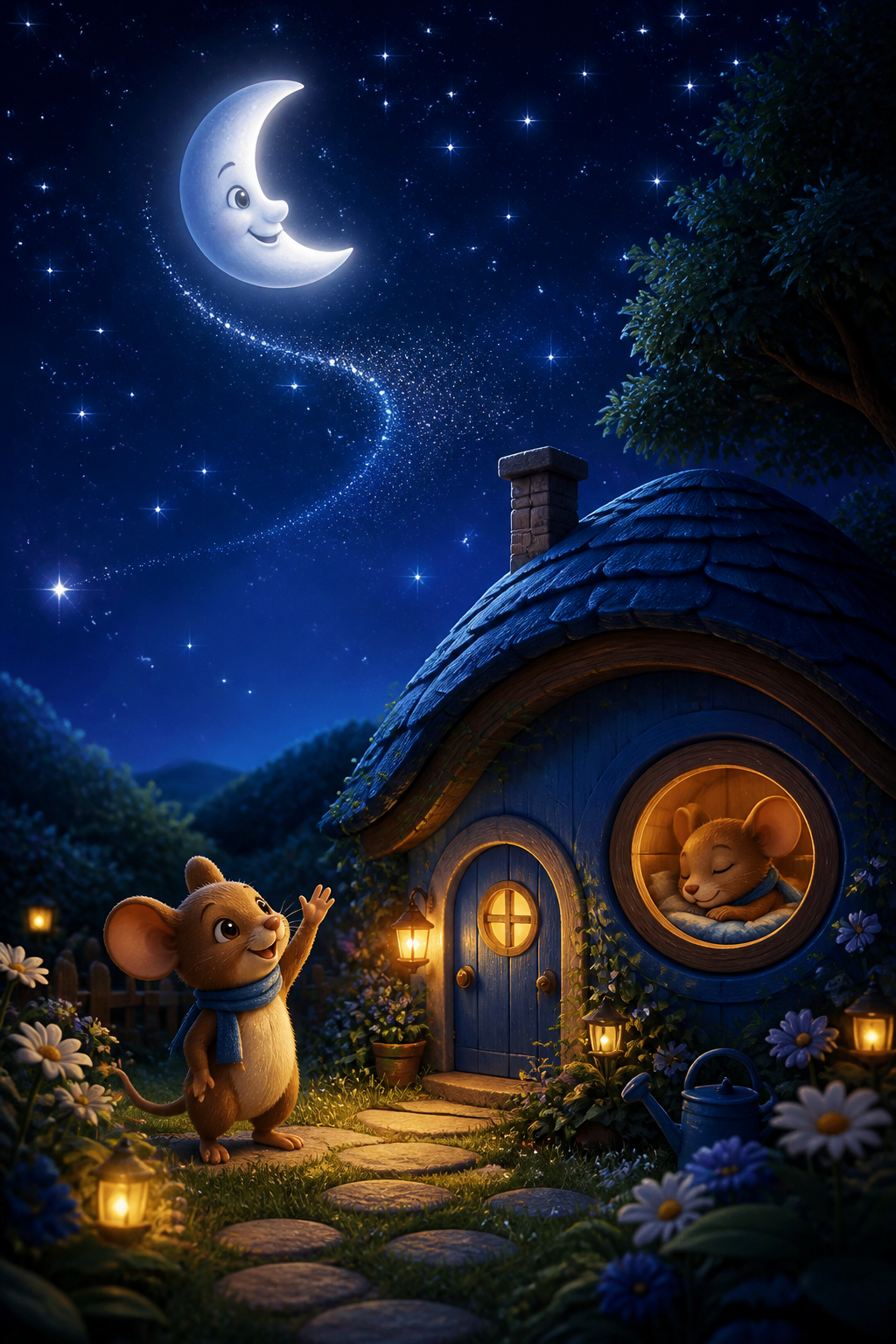 The little moon returns to the sky while Milo rests at home.